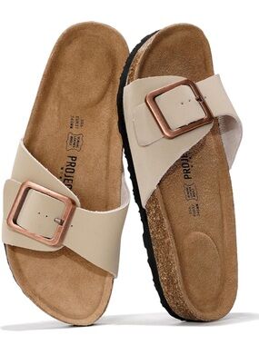 Neutral Cream Slide Sandals with Rose Gold Buckle